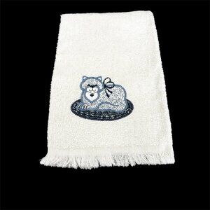 Vintage 90s Hand Towel White Blue Cat Quilted Kitten Kitschy Kitchen Bath